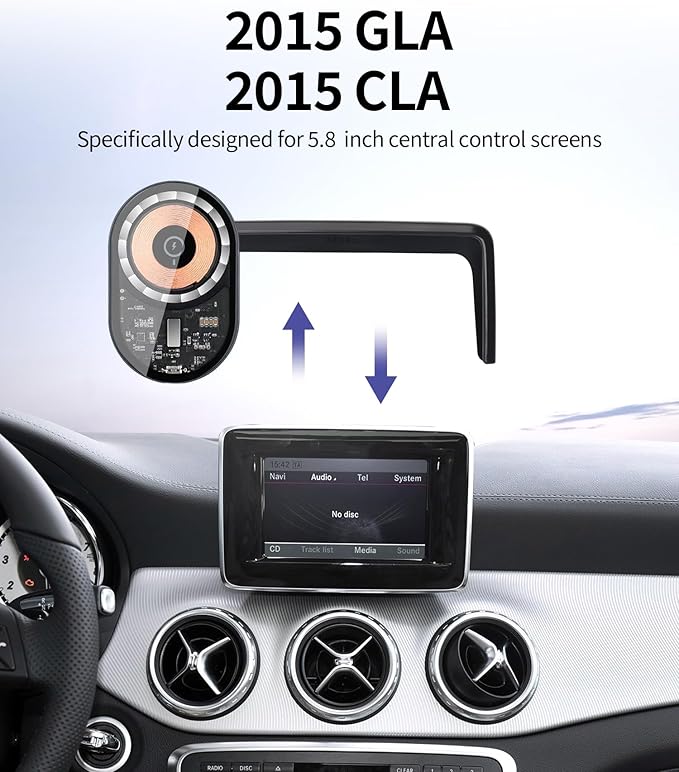 Wireless Charging Car Phone Holder for Mercedes Benz GLA-Class 2015 / CLA-Class 2015, 5.8" Screen Fixed Clip, 360° Rotation Car Phone Mount Compatible with MagSafe