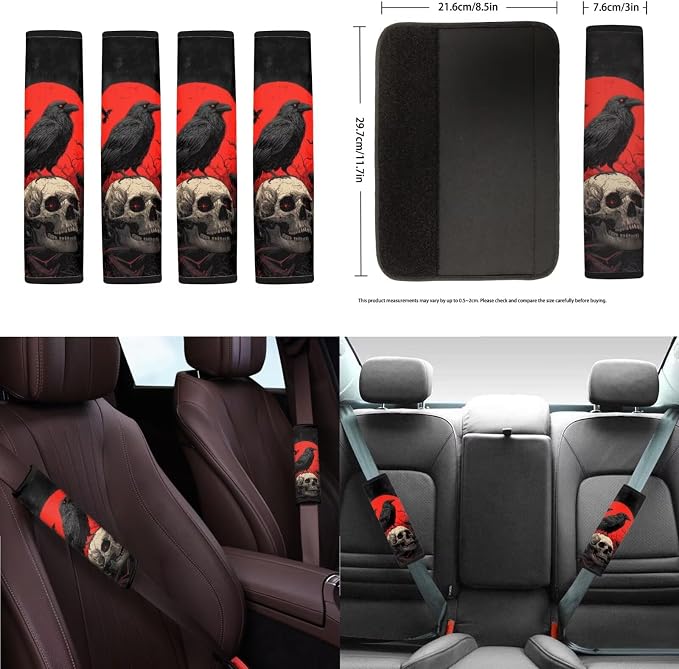 Crow Skull Print Car Seat Covers Front and Back Full Set with Headrest Covers Steering Wheel Cover Safety Belt Pads Armrest Cushion Cup Coasters for SUV Truck Sedan, Easy to Install