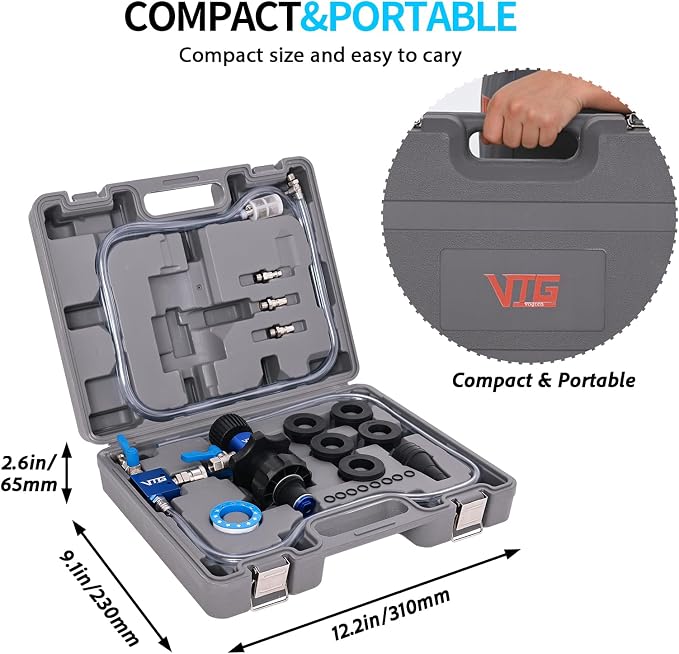 VTG VOGTEN Coolant Vacuum Refill Kit,15PCS Vacuum Coolant Fill Kit with Leak Detector,6 Adapters,Cooling System Vacuum Fill Tool with Dual-Movement Gauge,for Pressure Testing,Leak Detection