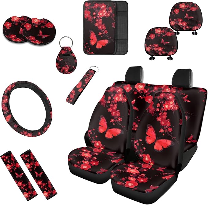 Cherry Blossom Butterfly Car Seat Cover Universal 13pc Butterfly Hand Drawing Front Back Seat Covers Bucket Seat Cover for Car, SUV & Truck Car Decor&Coaster