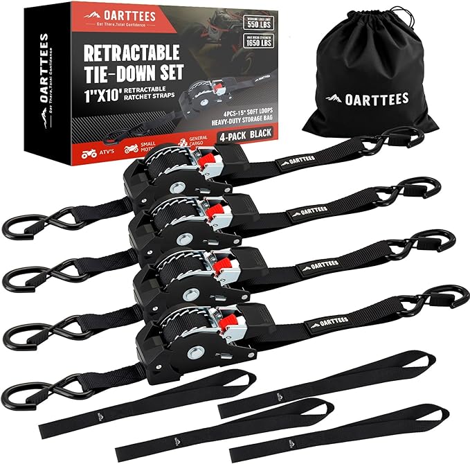 Retractable Ratchet Straps (4-Pack) - 1 Inch x 10 Feet (1,650lb Break Strength) - Heavy Duty Auto Self Retracting Tie Down Straps for Truck, Cargo Trailer, Motorcycle, ATV, UTV - Black