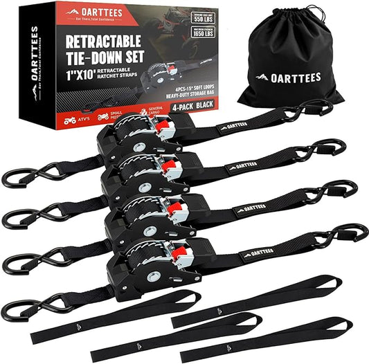 Retractable Ratchet Straps (4-Pack) - 1 Inch x 10 Feet (1,650lb Break Strength) - Heavy Duty Auto Self Retracting Tie Down Straps for Truck, Cargo Trailer, Motorcycle, ATV, UTV - Black