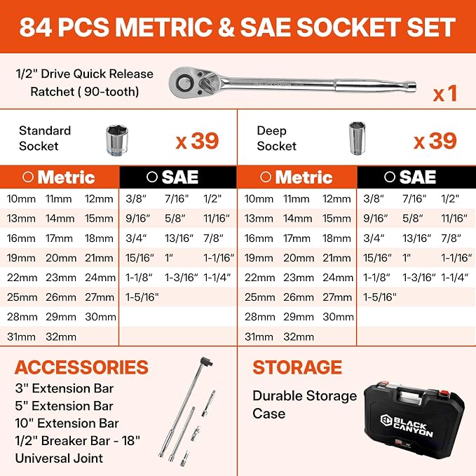 BLACK CANYON 84 Piece 1/2" Drive Impact Socket Set, Metric (3/8 to 1-5/16 inch) & Metric(10 to 32mm), Standard Deep Socket Set with 90 Tooth Ratchet, Extension Breaker Bar, Heavy-Duty Case