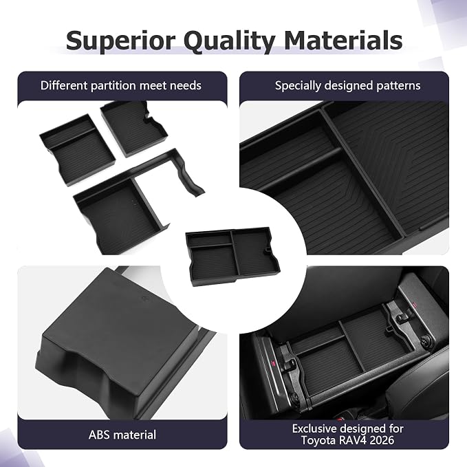 LUWU 2026 RAV 4 Center Console Organizer Compatible with 2026 Toyota RAV 4 Accessories Armrest Console Secondary Storage Box Insert Tray ABS Material Black (Not For Limited Trim)