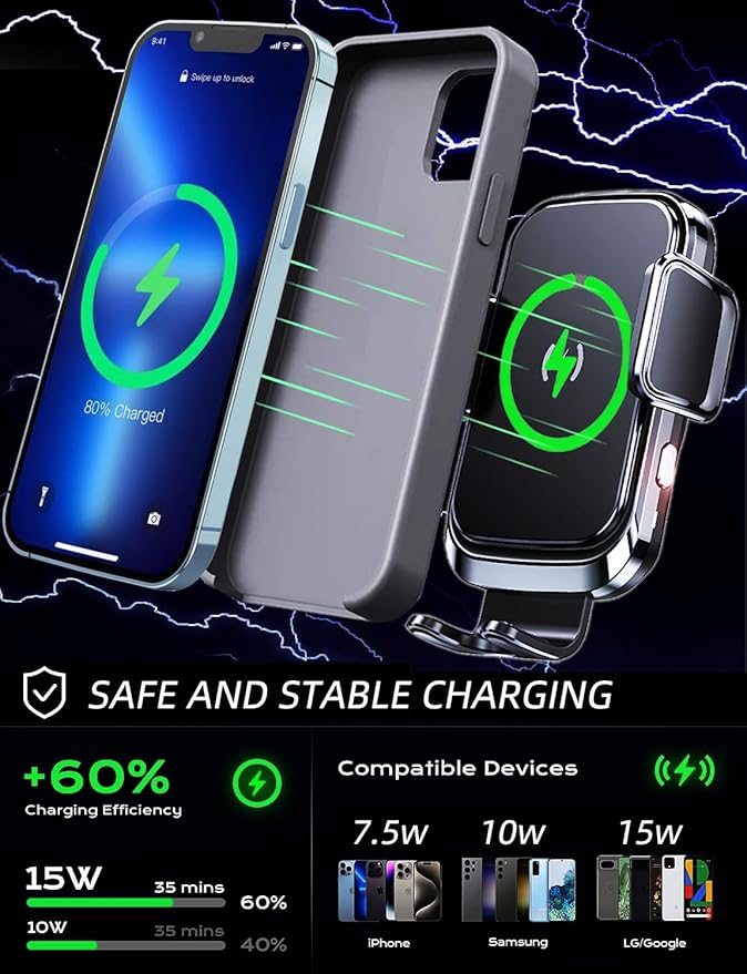 Wireless car Charger Phone Mount Holder for Trucks and Large SUVs, 10-Inch Long Arm 15W Qi2 Fast Charging Heavy Duty Truck Vacuum Phone Holders for Windshield Dashboard, for iPhone Samsung LG