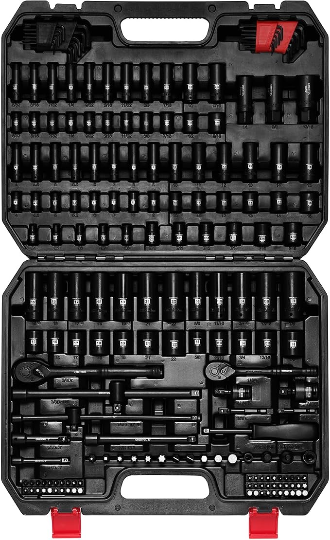 EMENTOL 189-Piece Impact Socket Set, 1/4" & 3/8" Drive Metric and SAE Sizes, CR-V Steel, Includes Deep & Shallow Sockets, Ratchets, Bits, Extensions, Spark Plug Socket & More, with Plastic Tool Case