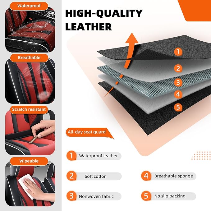 5-Seater Car Seat Covers Full Set, Fit for Front and Rear Seats of Cars, Waterproof and Breathable Nappa Leather, Compatible with Airbags, Car Seat Protector Covers for Most Cars - Black Red