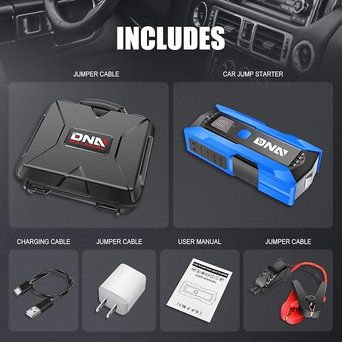 DNA Motoring 12V 2000A Peak Multi-Function Portable Car Battery Jump Starter for Up to 8.0L Gas / 6.3L Diesel Engine, with Carry Case,Blue/Black, TOOLS-00277