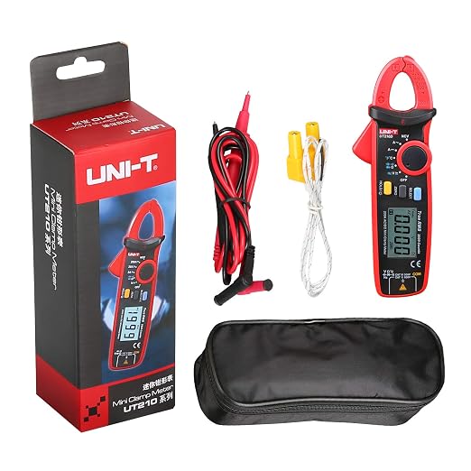 UNI-T UT210D Mini Digital Clamp Meter 200A AC DC Current True RMS Pliers Ammeter Voltage Frequency Temperature Tester Multimeter with Alligator Clip, Red&Black