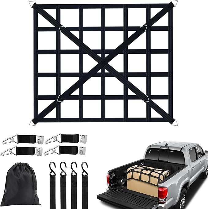 Cargo Net for Pickup Truck Bed, Heavy Duty 1100 lbs Capacity, Adjustable Cam Buckles & S-Hooks, Thick Herringbone Nylon, with Drawstring Storage Bag for Trailers and Trucks (50in*43in)