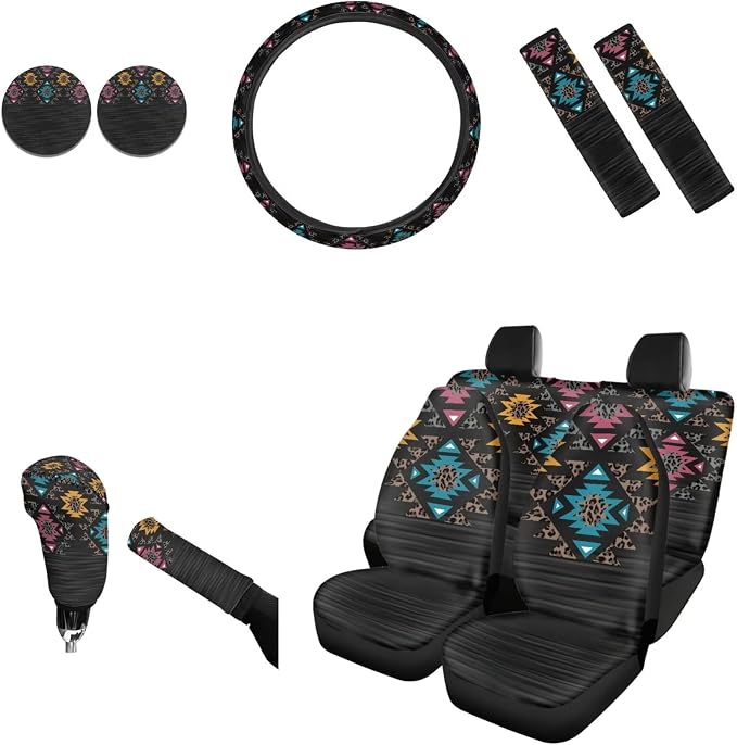 AFPANQZ 11 Pack Car Accessories Set Retro Aztec Graphics Car Seat Covers Steering Wheel Cover, Car Seats Covers, Seat Belt Pads Gear Shift Knob Handbrake Cushion Car Cup Holder Coaster