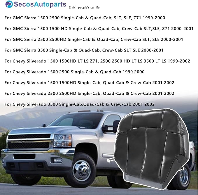 SecosAutoparts Driver & Passenger Bottom & Top & Armrests Dark Gray Replacement Leather Seat Cover Compatible with Chevy Silverado 1500 2500 3500 Tahoe Sierra Suburban Avalanche 1999 2000 2001 2002