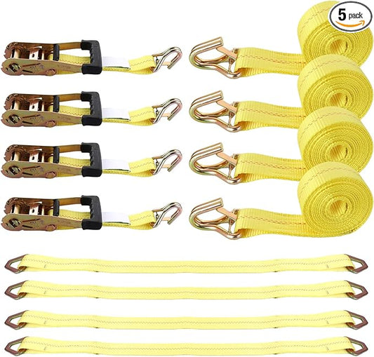 4 Set Heavy Duty Car Trailer Tie Down Straps - 2" x 10' Ratchet Straps, J-Hooks with Clip, 2" x 36'' Axle Strap for Car, Truck, UTV Transport, 10,000lbs Break Strength