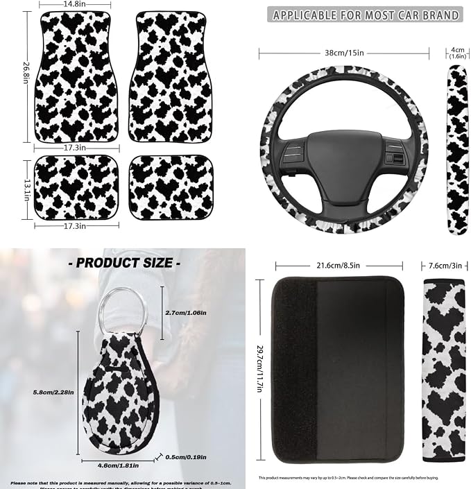 Cow Print Car Seat Covers, Auto Floor Mats, Car Steering Wheel Cover, Shoulder Pads, Armrest Pad, Roof Gloves, Cup Coaster, Keychain, Automotive Interior Accessories Set of 18