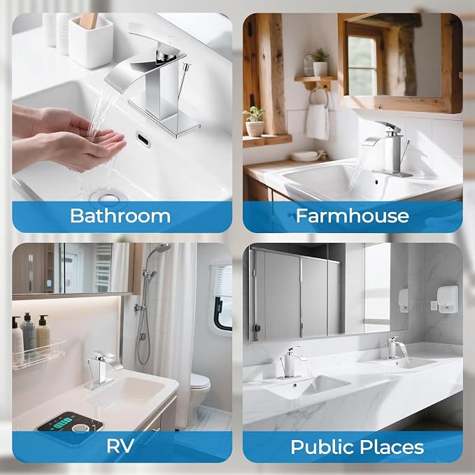 Chrome Bathroom Faucet with Lift Rod Drain, Waterfall Bathroom Sink Faucet Modern Single Handle Bathroom Faucte 1 or 3 Hole, RV Mixer Tap Vanity Faucet Washbasin Faucet with Deck