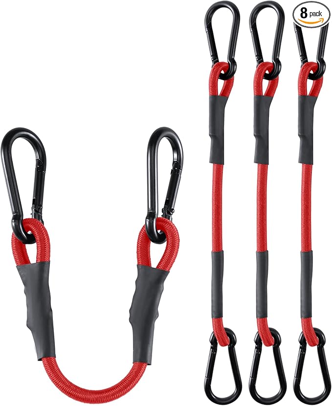 8 Pack 12 Inch Heavy Duty Bungee Cords with Carabiner Hooks, 190 lbs Max Strength Bungee Straps for Cargo, Bike, Cart, Roof Rack, Truck, Tent, Camping, Motorcycle, Outdoor Storage and More, Red