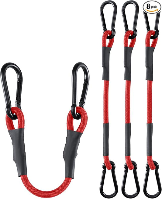 8 Pack 12 Inch Heavy Duty Bungee Cords with Carabiner Hooks, 190 lbs Max Strength Bungee Straps for Cargo, Bike, Cart, Roof Rack, Truck, Tent, Camping, Motorcycle, Outdoor Storage and More, Red