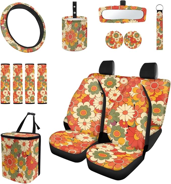 15 Pcs Abstract Groovy Flower Car Seat Cover Full Set for Women with Car Steering Wheel Cover Seat Belt Cover Trash Bin Front Rear View Mirror Car Cup Holder Keychain