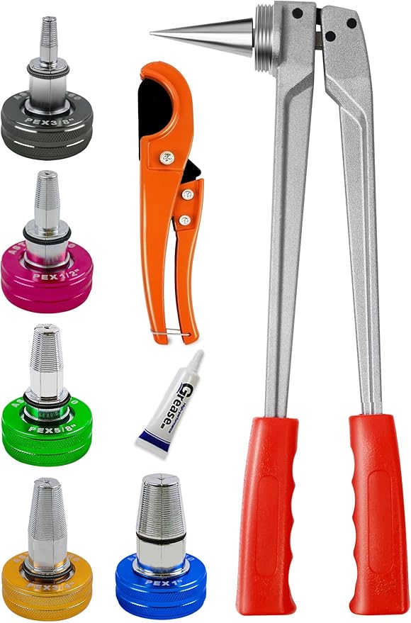AMZCNC PEX-a Pipe Expansion Tool Kit Manual Expander Tool Kit Meets ASTM F1960 Standard with 3/8" 1/2" 5/8" 3/4" 1" Expansion Heads and Pipe Cutting Plier for Pex-a Expansion