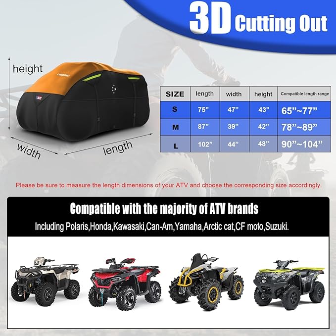 600D ATV Cover Waterproof Heavy Duty Trailerable 4 Wheeler Cover Quad Cover All Season Weather Proof Outdoor UV Protection for Polaris Kawasaki Yamaha Suzuki Can-Am Black/Orange-M