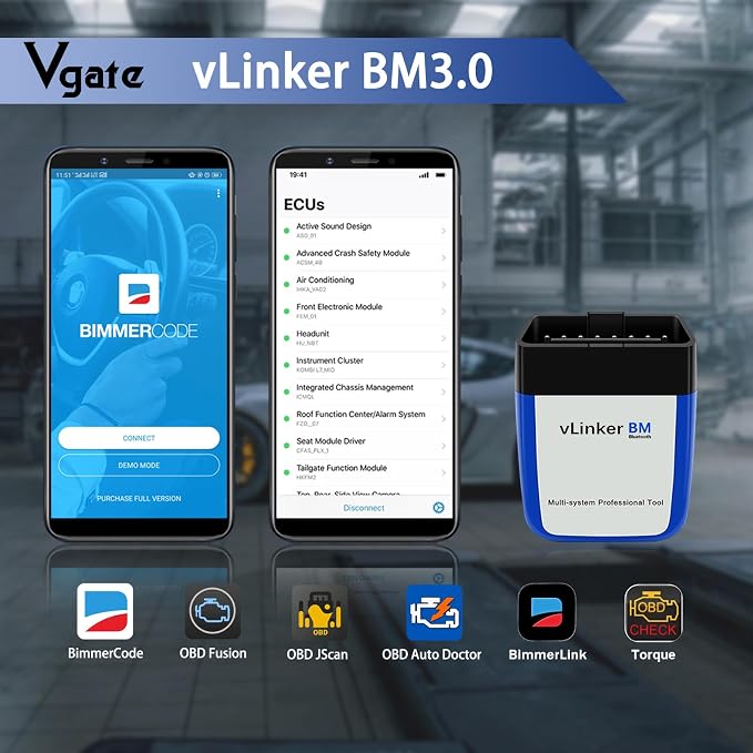 Vgate vLinker BM3.0 Bluetooth OBD2 Scanner Diagnostic Tool Bimmercode, Code Reader for BMW, Supports Android & Windows