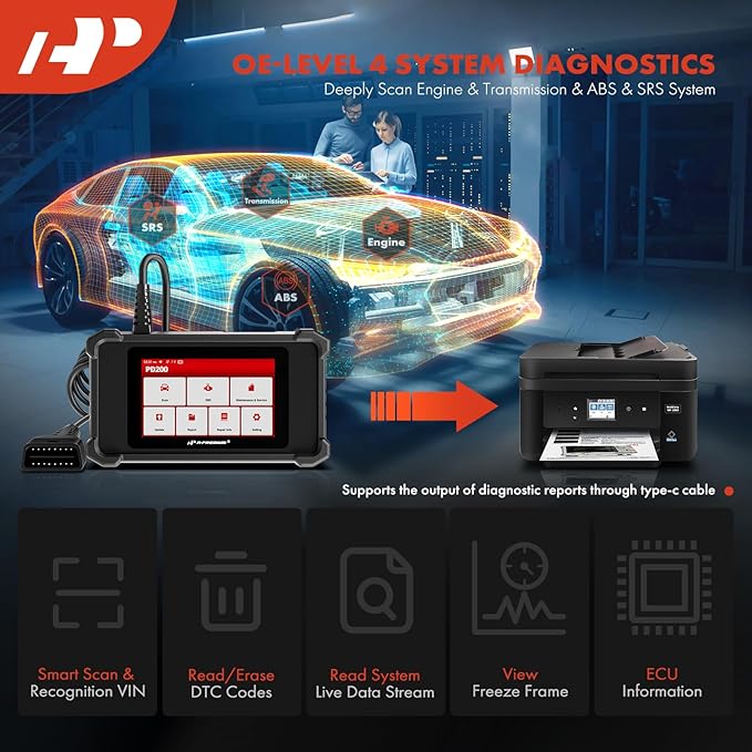A-Premium 2025 PD200 Enhanced 4 System OBD2 Scanner Diagnostic Tool, All Function Check Engine Code Reader Scan Tool, for Engine/ABS/SRS/Transmission System, 8 Reset, Free Online Update