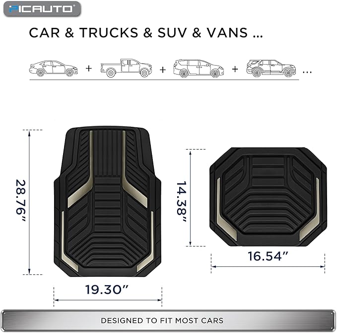 PIC AUTO Heavy Duty Rubber Floor Mats, Gray Aluminum Film Car Mats Set, Front and Rear Car Mats with Anti-Slip Backing, All Weather Protection, Trim-to-Fit for Automotive SUV, Sedan, Van