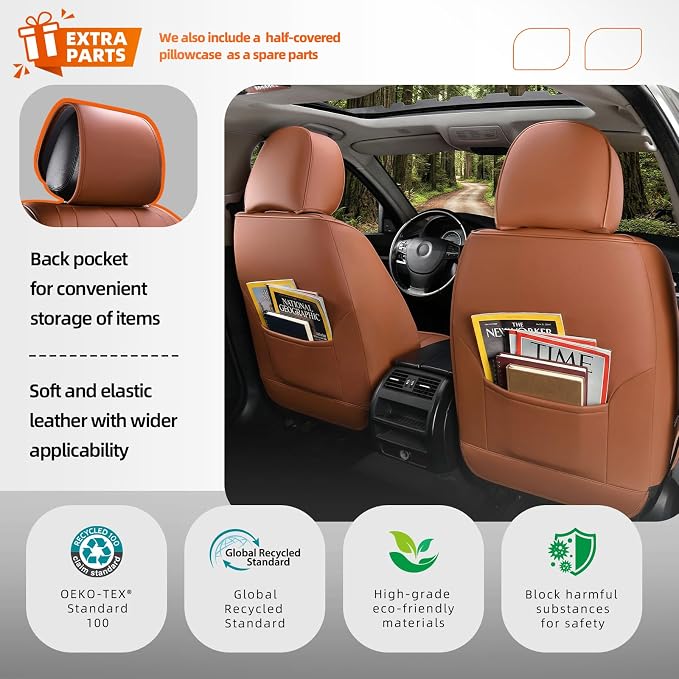 5-Seater Car Seat Covers Full Set, Fit for Front and Rear Seats of Cars, Waterproof and Breathable Nappa Leather, Compatible with Airbags, Car Seat Protector Covers for Most Cars - Brown