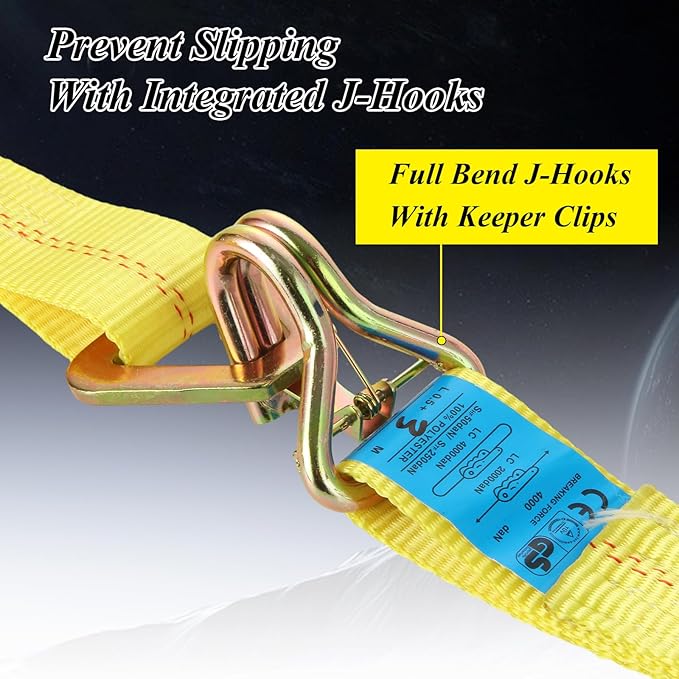 YAYODS 4 Pack Car Tie Down Straps for Trailers with J Hooks, 2" x 10' Heavy Duty Ratchet Straps with 2" x 36'' Axle Straps, 10,000lbs Break Strength Truck Strap for Car, Truck, UTV Transport, Yellow