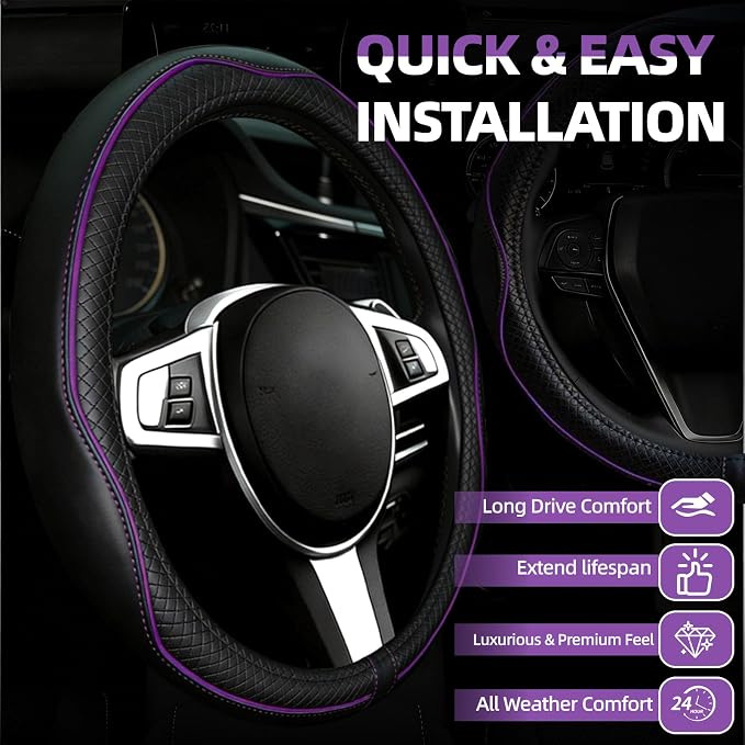 NBTEPEM 6 PCS Car Steering Wheel Cover Set, Microfiber Leather Steering Wheel Covers Universal 14.5-15 inch, Center Console Cover, Seat Belt Cushion, Cup Holder Coaster, Car Accessories Set Purple