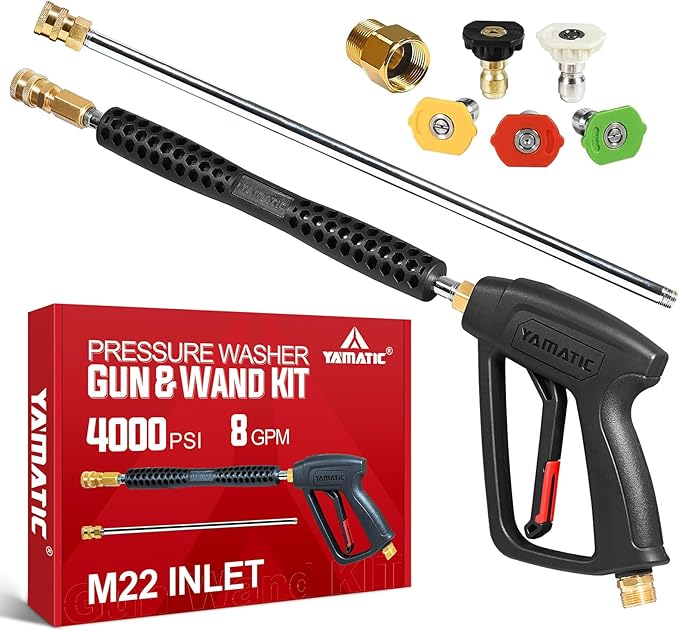 YAMATIC Pressure Washer Gun and Wand with 5 Spray Nozzles, M22-14mm & M22-15mm Fitting Replacement for Ryobi, Karcher, Greenworks, Craftsman, Troy bilt Power Washers, 4000 PSI