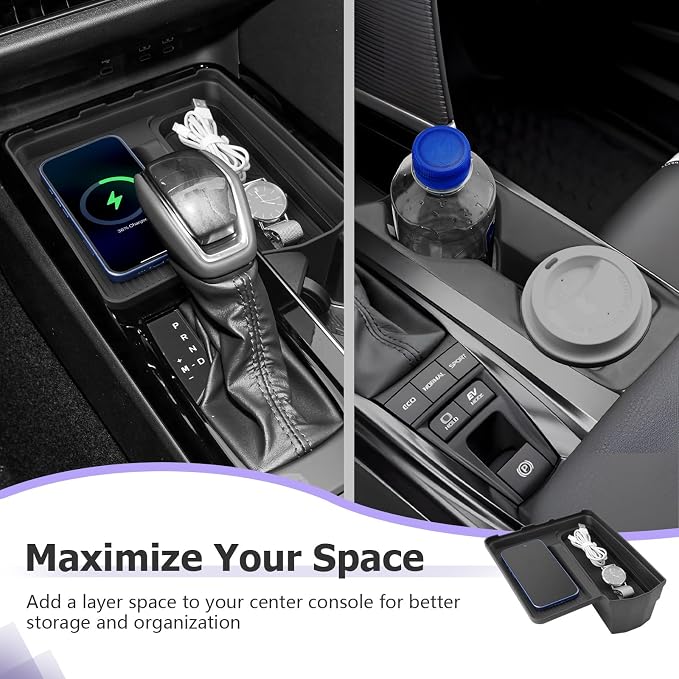 LUWU 2PCS Center Console Organizer Compatible with Toyota Camry 2025 2026 Accessories Wireless Charging Organizer Insert Tray, Cup Holder ABS Material Black