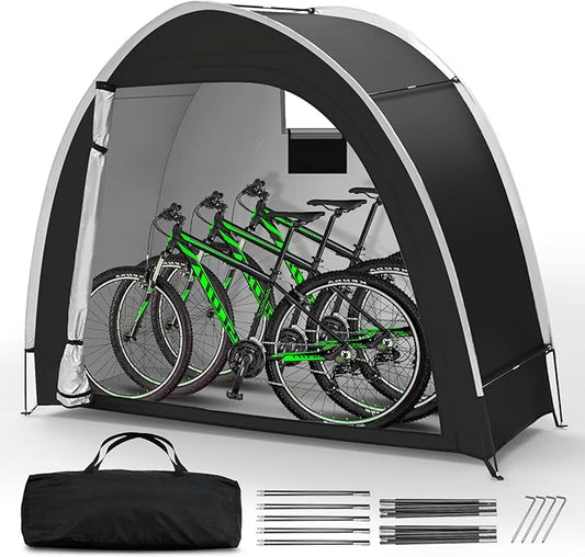 Bike Storage Tent for Outdoor, 2-3 Bike Capacity with Extra Top Space, PU5000 Waterproof 210D Oxford Fabric with Taped Seams, Portable Floor Storage Shed for Bicycle, Motorcycle & Garden Tools, etc
