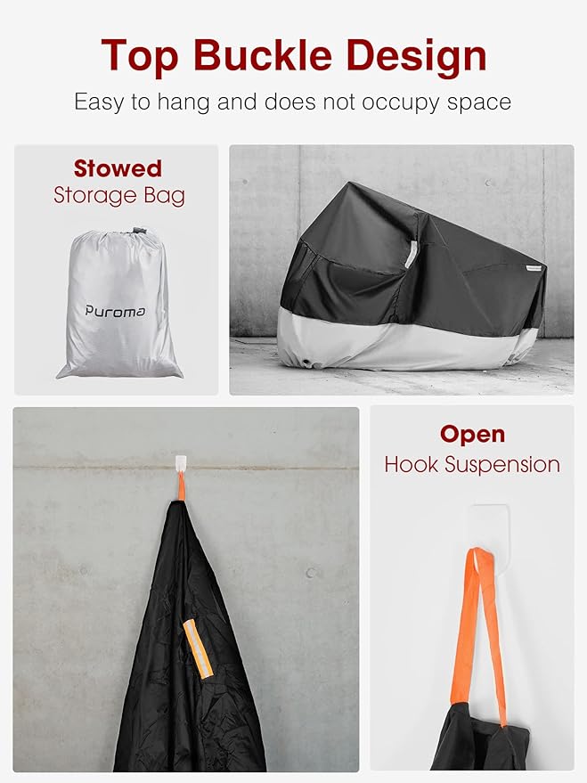 Puroma Motorcycle Cover Heavy Duty Scooter Cover Waterproof Outdoor All Season Universal Weather Quality Protection with Night Reflective, Lock Holes and Storage Bag Fits up to 105" Motorcycle Vehicle