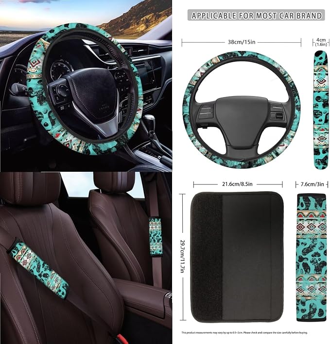 Wanyint Aztec Cow Print 15 Pack Car Accessories Set, Universal Auto Seat Protector Steering Wheel Cover Seatbelt Strap Pad Trash Can Mount Storage Pocket Cup Holders Rearview Mirror Cover Keychain