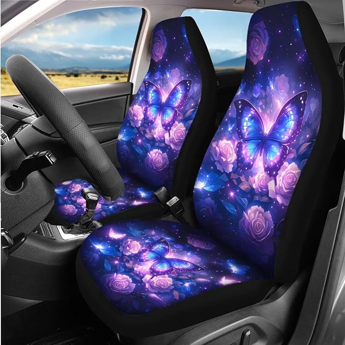 8 Pcs Purple Butterfly Rose Design Car Interior Accessories for Women, Car Seat Covers with Auto Steering Wheel Cover, Auto Center Console Pad, Seat Belt Covers, Automotive Decorations
