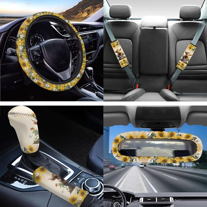 14Pack Highland Cow Car Seat Covers Cow Auto Accessory Full Set+Steering Wheel Cover+Seatbelt Pads+Handbreak Cover+Vehicle Coaster+Keychain+Car Rear View Mirror Cover for Women