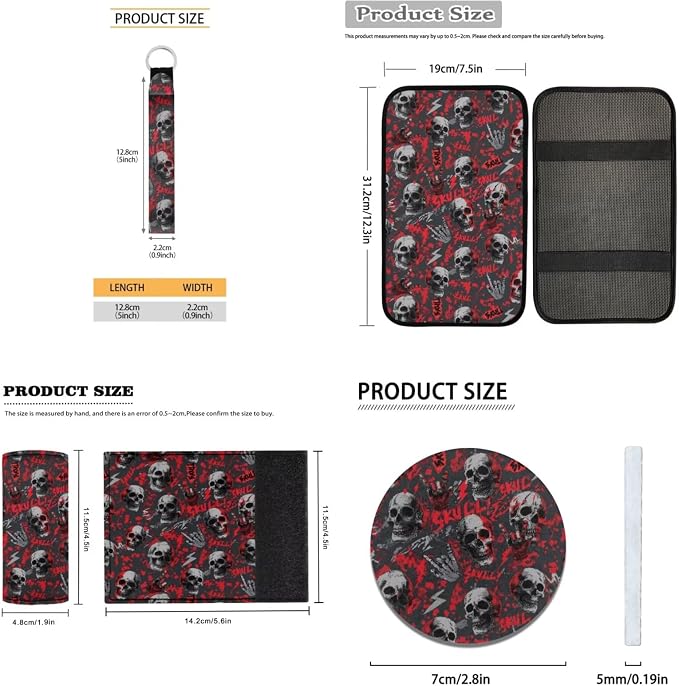 Halloween Skull Prints Car Seat Covers Full Set with Steering Wheel Cover Floor Mats Armrest Cover Seat Belt Pads Roof Handle Wraps Cup Coaster Keychains 18 Pcs Auto Interior Accessories