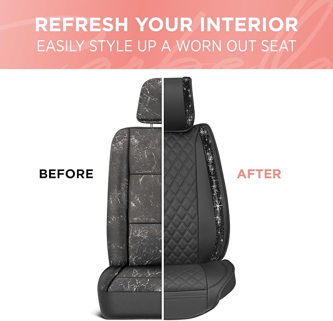 BlingStitch™ Car Seat Covers for Front Seats - Luxurious Black Vegan Leather Seat Covers for Cars with Black Bling Crystals, Premium Automotive Seat Covers for SUV, Trucks, Car Bling Luxury