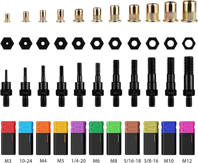WETOLS 17" Rivet Nut Tool, Hand Rivet Tool Kit with 11 Metric & SAE Mandrels M3 M4 M5 M6 M8 M10 M12, 10-24, 1/4-20, 5/16-18, 3/8-16, 110pcs Rivnuts, Sturdy Case Packed, Auto Release Nut Design, WE-896