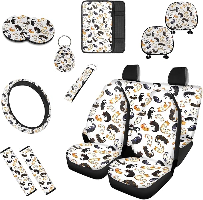 Cartoon Cat 13 Pcs Seat Covers Full Set Front and Back Seat Covers Cute Cat Lover Steering Wheel Cover Seatbelt Strap Cover Cup Mat Keychains…