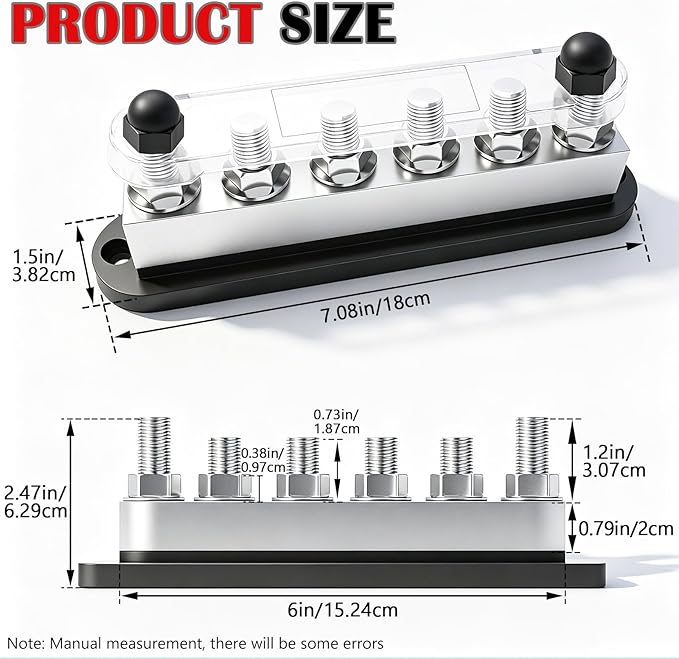 650A Marine Bus Bar Heavy Duty Power Distribution Block, Battery Busbar, Automotive Buss bar Terminal Block with 6X 3/8" (M10) Studs for Car, Boat and Solar Wiring (Black+Red)