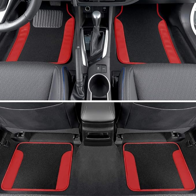 carXS Forza Series Red Covers Full Set Combo with Car Floor Mats – Front and Rear Bench Seat & Floor Protector , Interior Covers for Auto Truck Van SUV