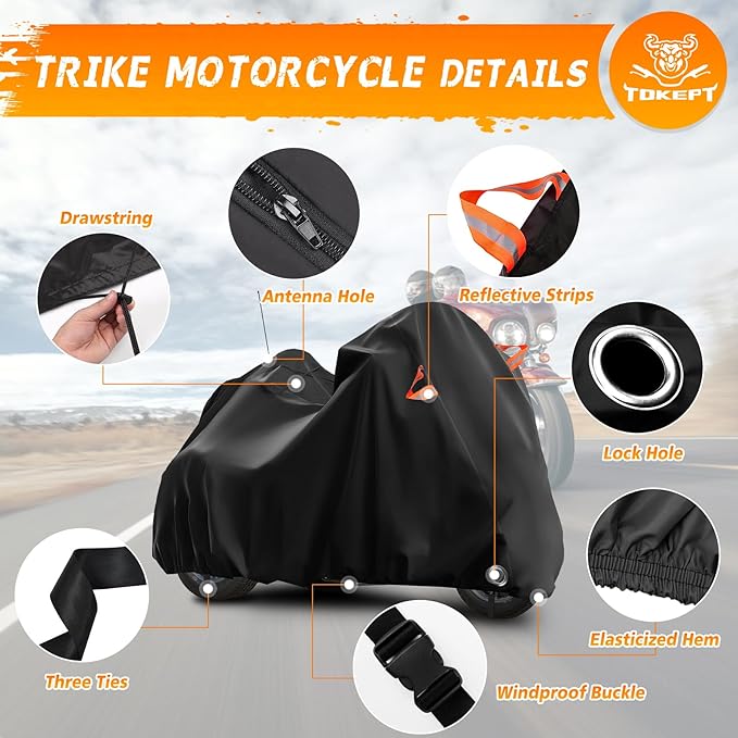 Trike Cover for Harley-Davidson Honda Gold Wing Kawasaki 3 Wheeler Motorcycle Outdoor Waterproof Storage Cover with Antenna Opening Windproof Buckle (Black)