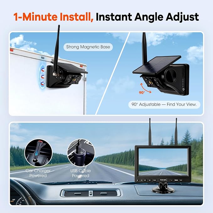 2 Solar Magnetic Wireless Trailer Camera System, 7" IPS DVR Screen + Solar Powered Night Vision Rear Camera, 100% No Wiring Waterproof Backup Camera System for RV Truck Trailer Hitch, BS2
