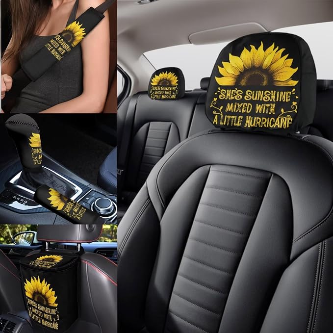 She's Sunshine Sunflower Car Seat Covers Set Full Set 17 Pack Sunflower Car Accessories Set with Cute Cow Print Steering Wheel Covers,Headrest Covers,Trash Container for Auto,Universal Fit
