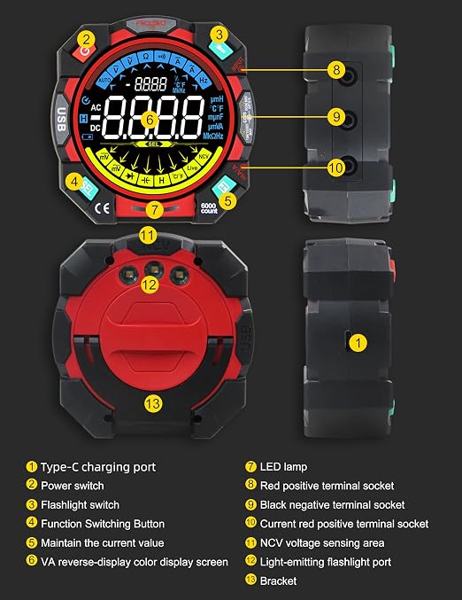 Portable Digital Multimeter Tester 6000 Counts VA Display Auto-Ranging Multifunction Voltage Current Meter Measures AC/DC Volt/Current, Resistance, Capacitance, Temperature,Live Wire Detector