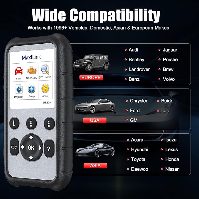 Autel MaxiLink ML629 OBD2 Scanner Upgraded Version of AL519 AL619 ML619 Full OBDII Code Reader ABS SRS Engine Transmission Diagnostics Tool with DTC Lookup Auto VIN