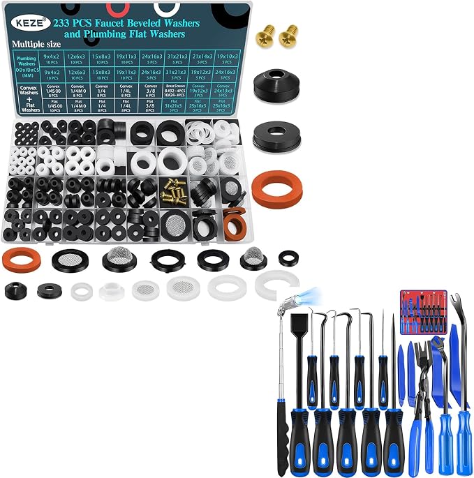 Keze 17 Pcs Hook and Pick Set Auto Trim Removal Tool Kit and 233 Pcs Plumbing and Faucet Washers Assortment Kit