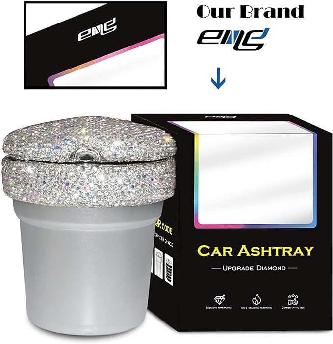 eing Car Ashtray Portable Bling Cigarette Smokeless Cylinder Cup Holder with Blue LED Light Indicator and 2 Replacement Batteries,Car Accessories for Women,Ideal for Car,Home and Office,1-Pack Silver